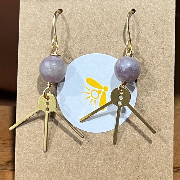 Hand Crafted Raw Brass & Lepidolite Earrings - Picture 2 of 5